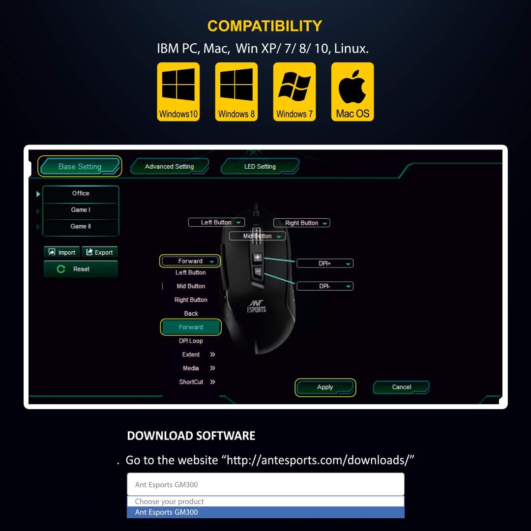 ANT ESPORTS GM300 Wired Ergonomic RGB Gaming Mouse ( GM300-RGB ) ( 4800DPI / 7 Macro Buttons ) ( Black )