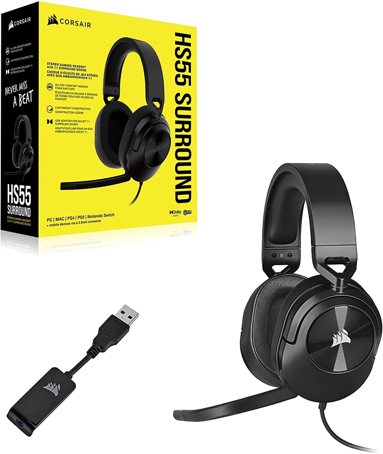 CORSAIR HS55 Wired 7.1 Surround Gaming Headphone With Mic ( Carbon ) ( PC/Mobile/PS )