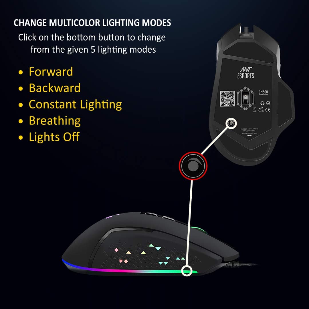 ANT ESPORTS GM300 Wired Ergonomic RGB Gaming Mouse ( GM300-RGB ) ( 4800DPI / 7 Macro Buttons ) ( Black )