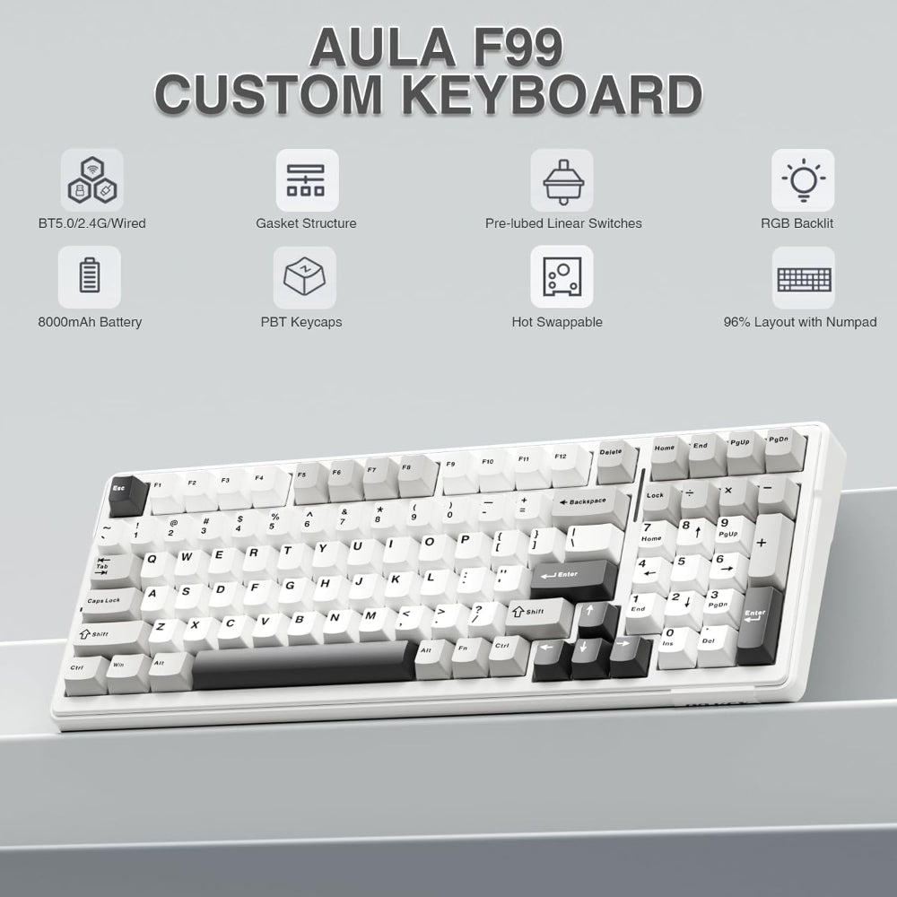 AULA F99 96% Wireless Membrane Gaming Keyboard ( Graywood Switch ) ( Gray / White ) ( F99GrWW )