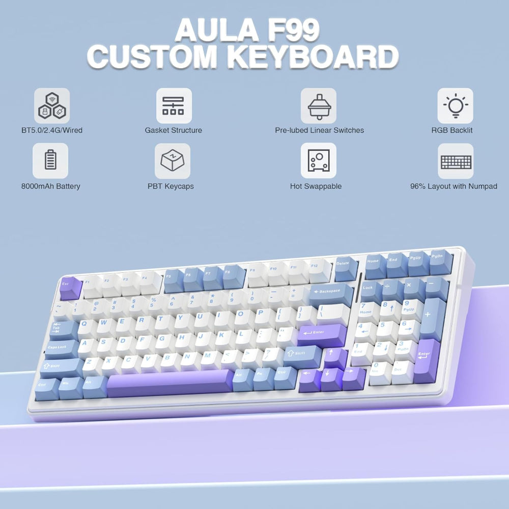 AULA F99 96% Wireless Membrane Gaming Keyboard ( Graywood Switch ) ( White / Blue ) ( F99UWW )
