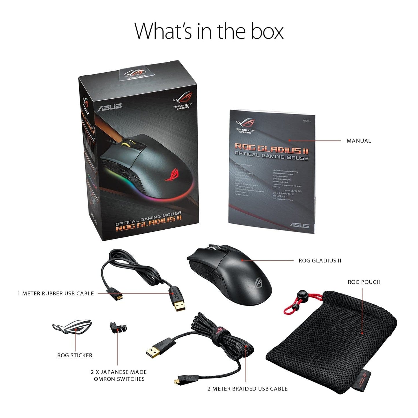 ASUS ROG Gladius 2 Wired Ergonomic RGB Optical Gaming Mouse ( ROG-GLADIUS-II ) ( 12000DPI / 6 Macro Buttons ) ( Black )