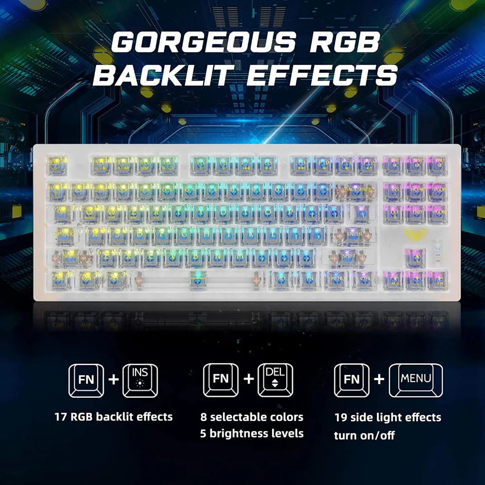 AULA F2183 TKL RGB Wireless Bluetooth Mechanical Gaming Keyboard ( White ) ( Clicky Blue Switch ) (F2183)