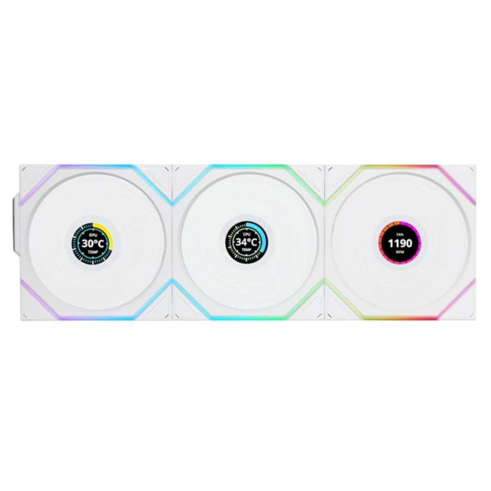 LIAN LI Uni Fan TL120 Revese Blade 120mm LCD Wireless ARGB Cabinet Fan ( White ) ( Triple Pack )