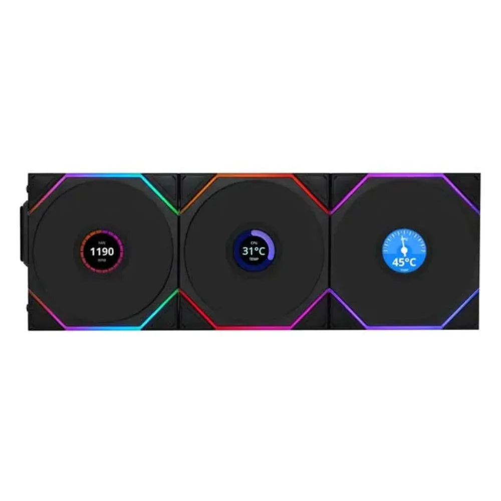 LIAN LI Uni Fan TL120 Revese Blade 120mm LCD Wireless ARGB Cabinet Fan ( Black ) ( Triple Pack )