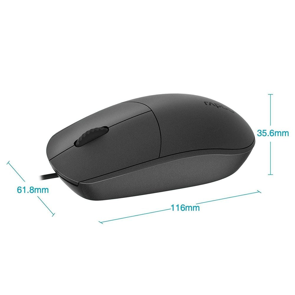 RAPOO N100 Wired Ambidextrous Mouse ( 1600DPI / 3 Marco Buttons ) ( Black )