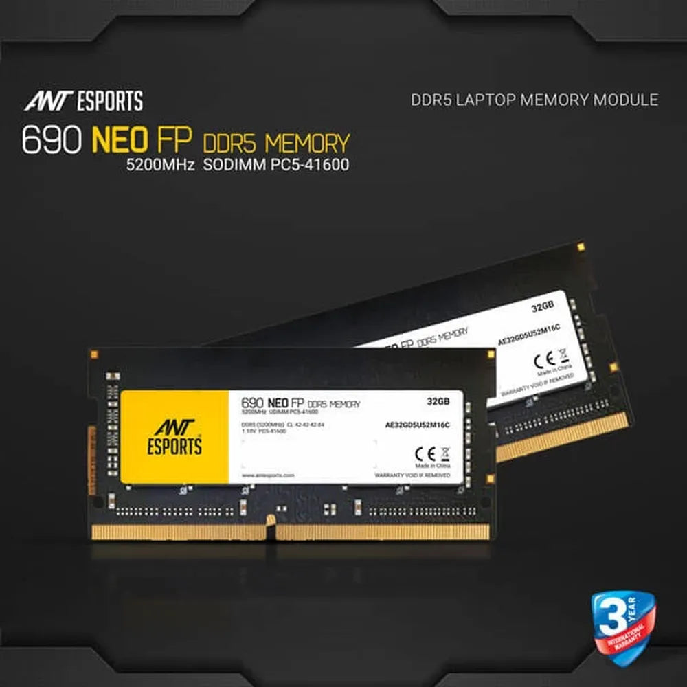 ANT ESPORTS 690 Neo FP 32GB (32GB x 1) 5200MHz DDR5 Laptop RAM (Black) ( CL42 )