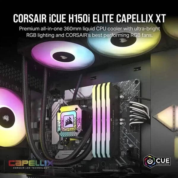 CORSAIR ICUE H150i Elite Capellix XT 360mm RGB CPU Liquid Cooler (Black)