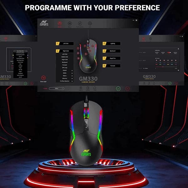 ANT ESPORTS GM330 Wired Ambidextrous RGB Gaming Mouse ( GM330-RGB-BLACK ) ( 12800DPI / 8 Macro Buttons ) ( Black )
