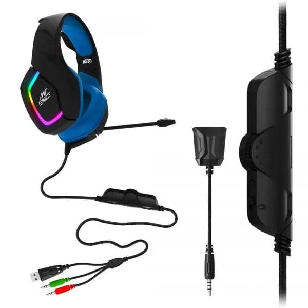 ANT ESPORTS H530 Multi-Platform Pro RGB LED Wired 3.5mm Wired Gaming Headphone ( Black / Blue ) ( PC / Playstation / Mobile / Xbox )