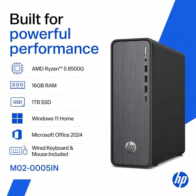 HP OmniDesk Desktop Tower, AMD Ryzen 5 8500G,16GB RAM,1TB SSD,Windows 11 Home,MS Office 24,Wired Keyboard & Mouse, M02-0005IN Desktop PC