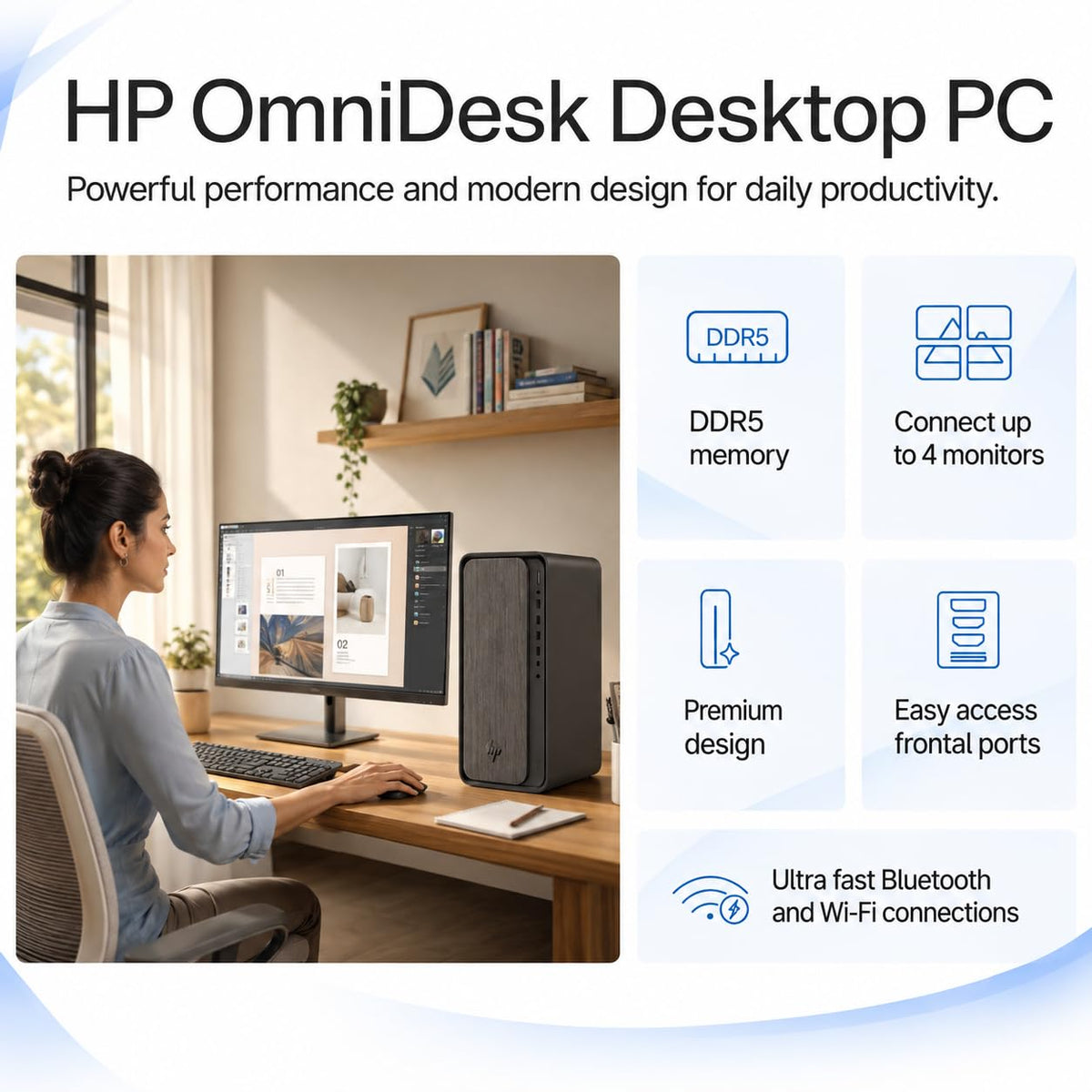 HP OmniDesk Desktop Tower, AMD Ryzen 5 8500G,16GB RAM,1TB SSD,Windows 11 Home,MS Office 24,Wired Keyboard & Mouse, M02-0005IN Desktop PC
