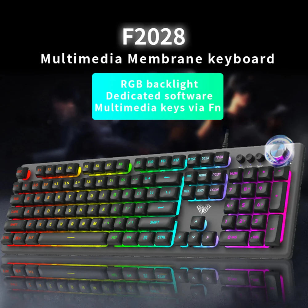 AULA F2028 Full Size RGB Wired Membrane Gaming Keyboard ( Black / Grey ) ( Membrane Switch ) (‎F2028)