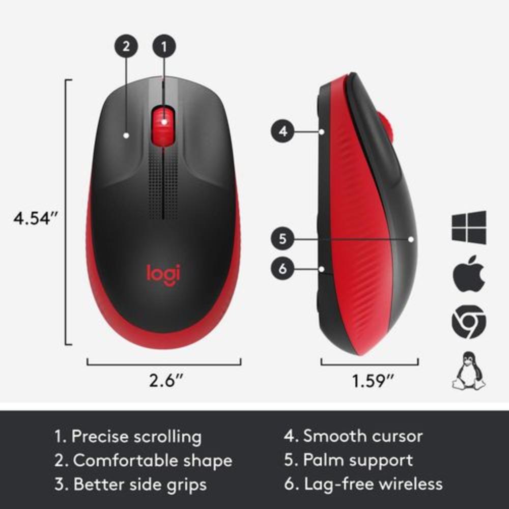 LOGITECH M190 Wireless Ambidextrous Gaming Mouse ( 鈥?10-005915 ) ( 1000DPI / 3 Macro Button ) ( Red )