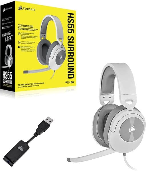 CORSAIR HS55 Wired 7.1 Surround Gaming Headphone With Mic ( White ) ( PC/Mobile/PS)