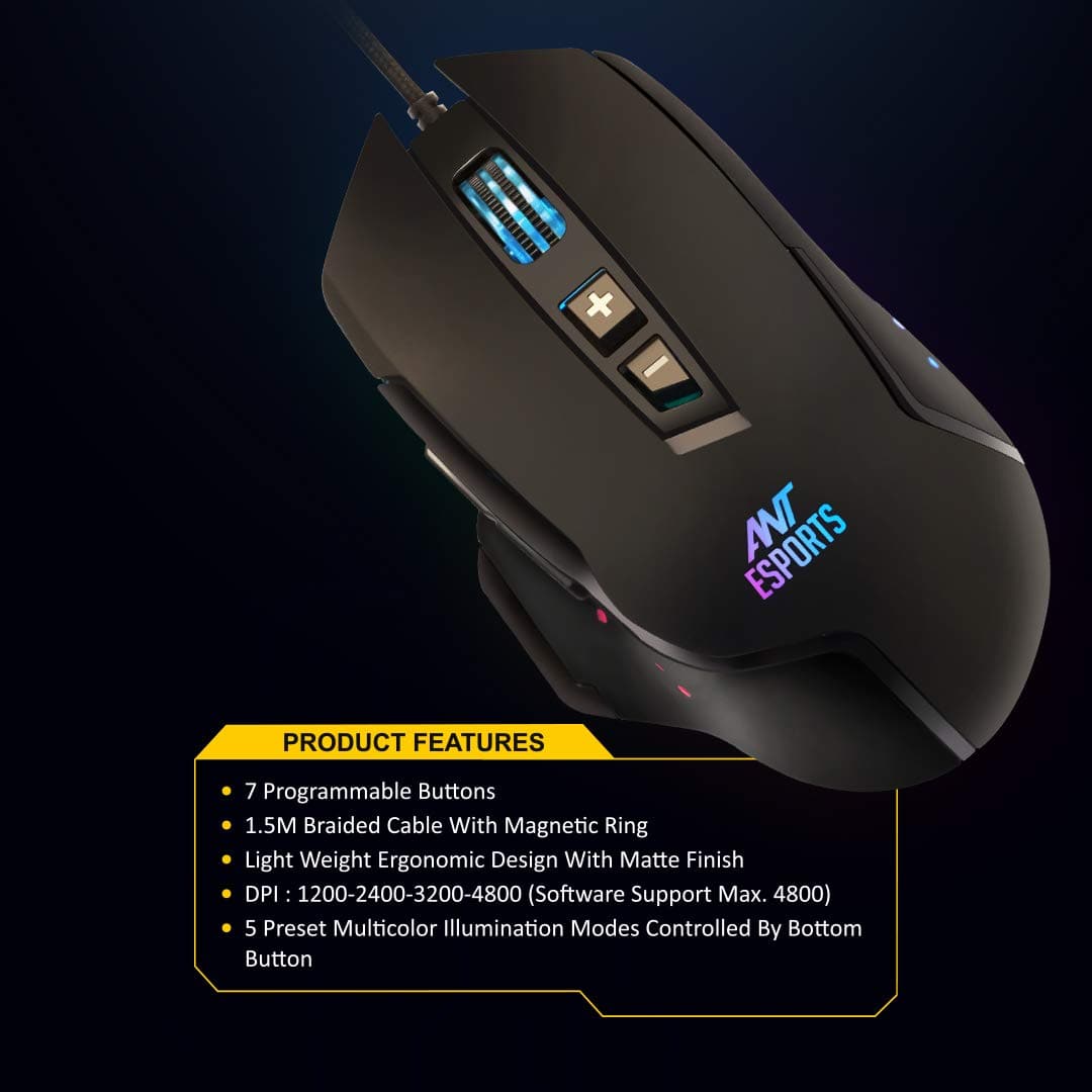 ANT ESPORTS GM300 Wired Ergonomic RGB Gaming Mouse ( GM300-RGB ) ( 4800DPI / 7 Macro Buttons ) ( Black )