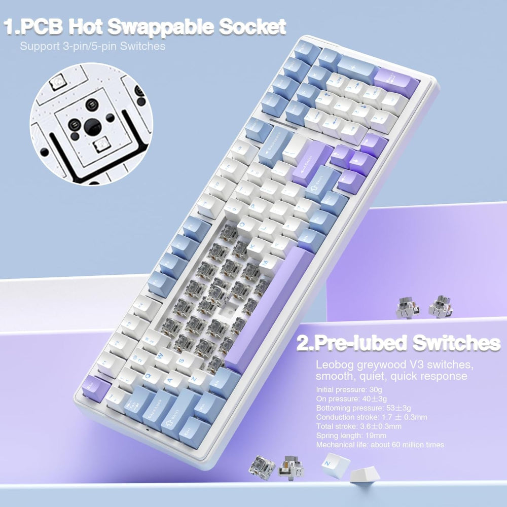 AULA F99 96% Wireless Membrane Gaming Keyboard ( Graywood Switch ) ( White / Blue ) ( F99UWW )