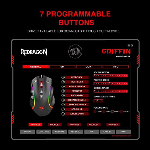 REDRAGON Griffin M607 Wired Ergonomic Gaming Mouse ( GRIFFIN M607 ) ( 7200DPI ) ( 8 Macro Button ) ( Black )