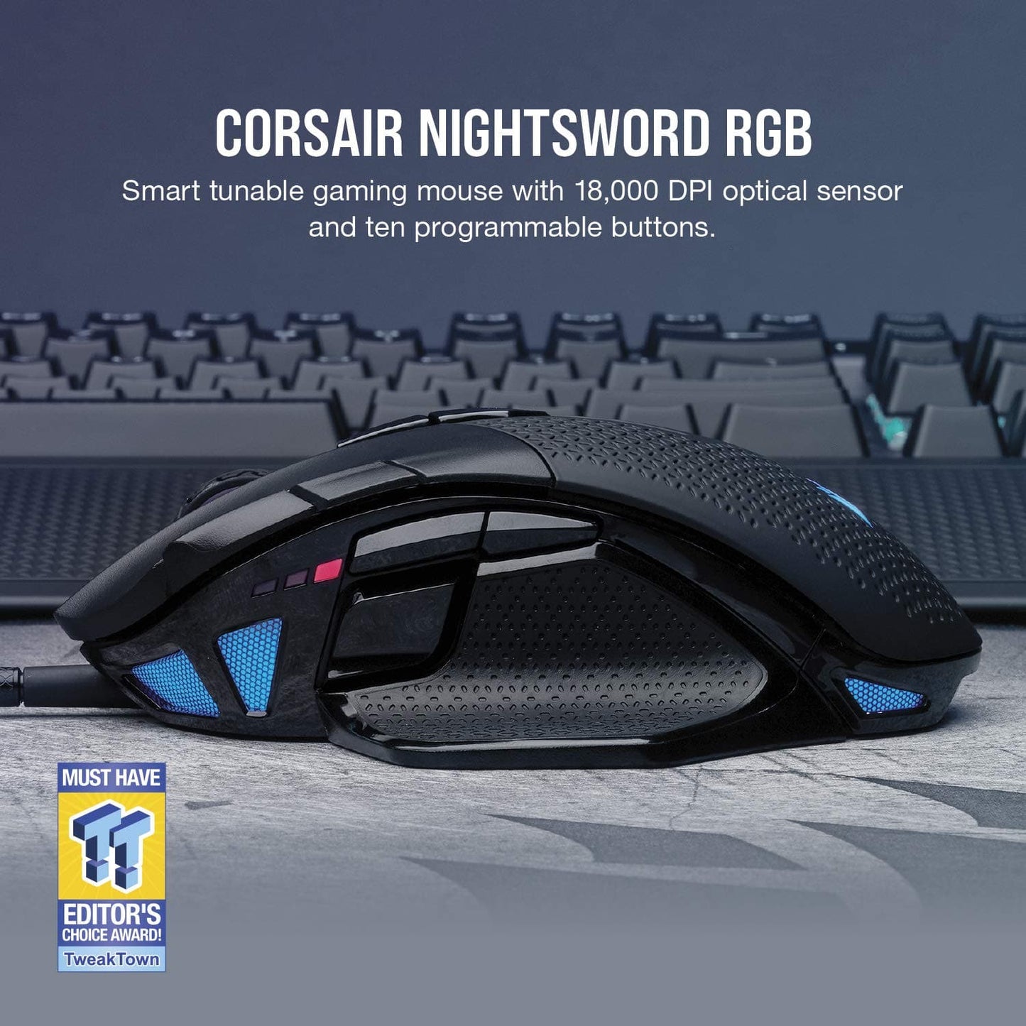 CORSAIR Nightsword Wired Ergonomic RGB Gaming Mouse ( CH-9306011-AP ) ( 18000DPI / 8 Macro Buttons ) ( Black )