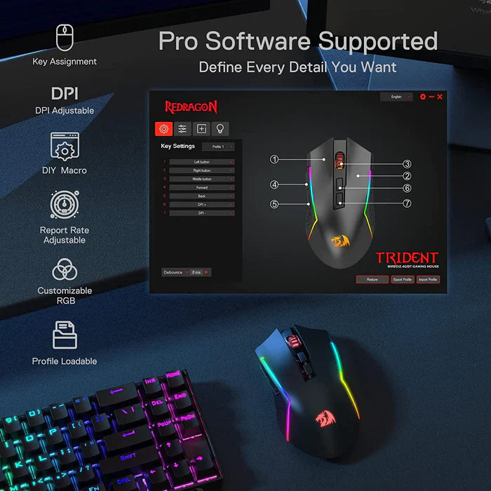 REDRAGON Trident Pro M693 Wireless / Bluetooth Ambidextrous Gaming Mouse ( 8000DPI / 7 Macro Button ) ( Black )