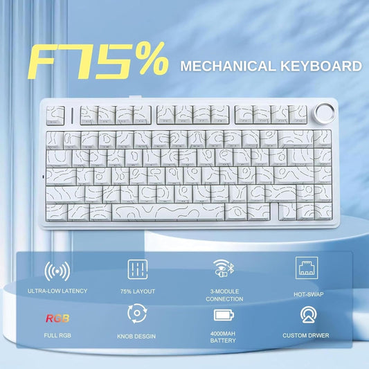 AULA F75 75% Side Engraved Tri Mode Wireless Mechanical Gaming Keyboard ( White Contour -  Star Vector Switch )