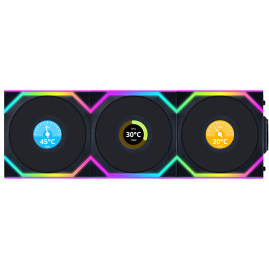 LIAN LI Uni Fan SL120 LCD 120mm ARGB Wireless Reverse Blade Cabinet Fan (Black) (Triple Pack)