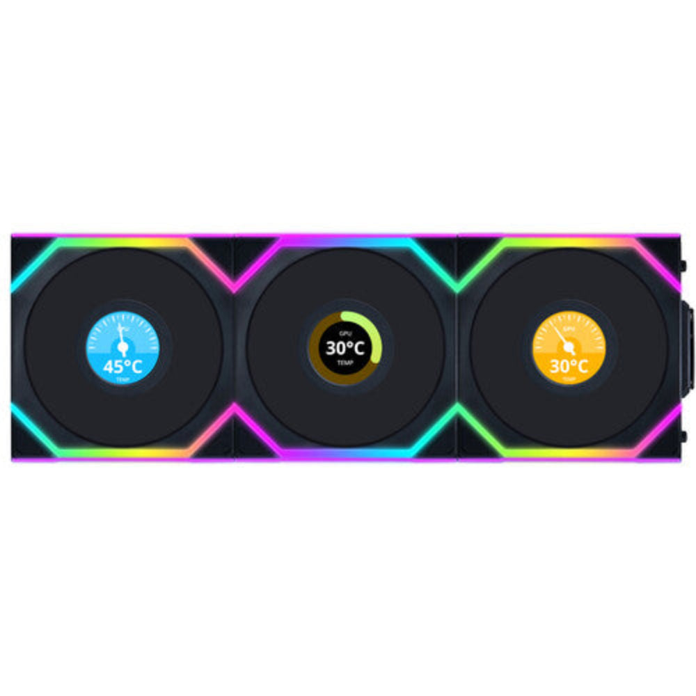 LIAN LI Uni Fan SL120 LCD 120mm ARGB Wireless Reverse Blade Cabinet Fan (Black) (Triple Pack)