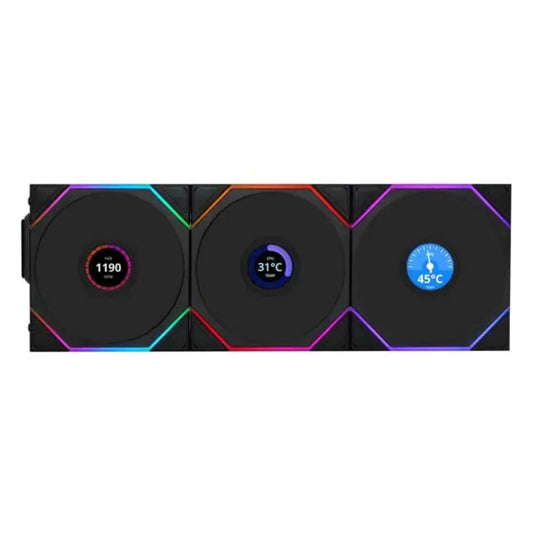 LIAN LI Uni Fan TL120 Revese Blade 120mm LCD Wireless ARGB Cabinet Fan ( Black ) ( Triple Pack )