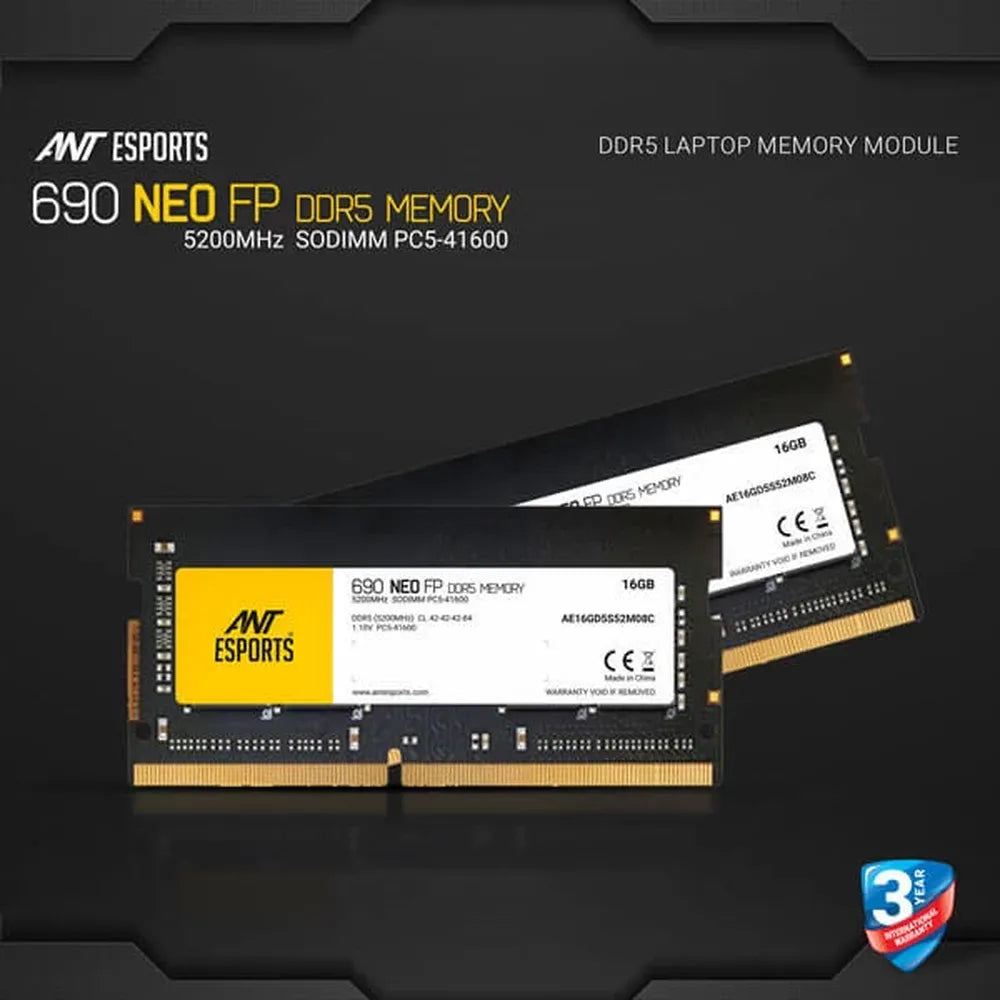ANT ESPORTS 690 Neo FP 16GB (16GB x 1) 5200MHz DDR5 Laptop RAM (Black) ( CL42 )