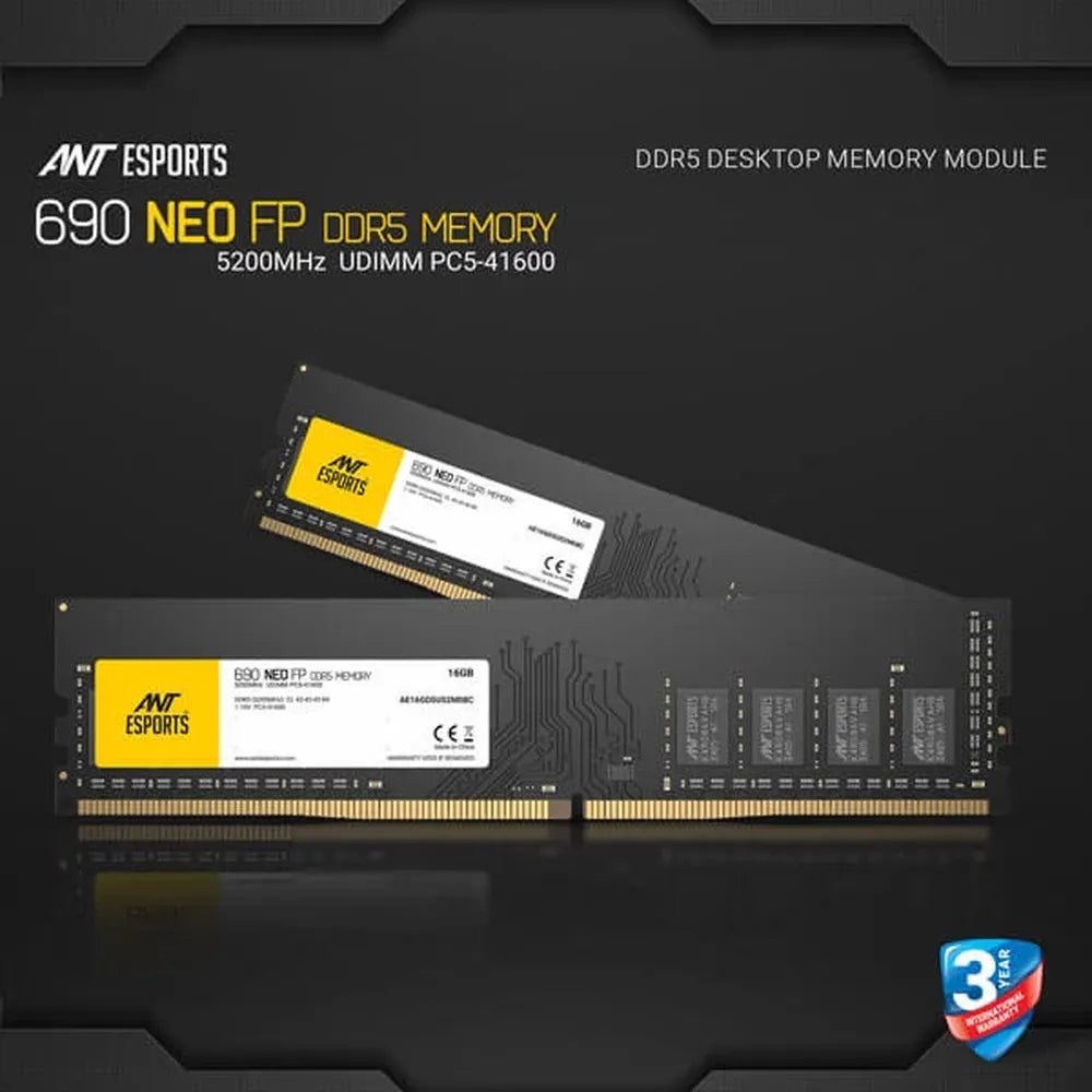 ANT ESPORTS 690 Neo FP 16GB (16GB x 1) 5200MHz DDR5 RAM (Black) ( CL42 )
