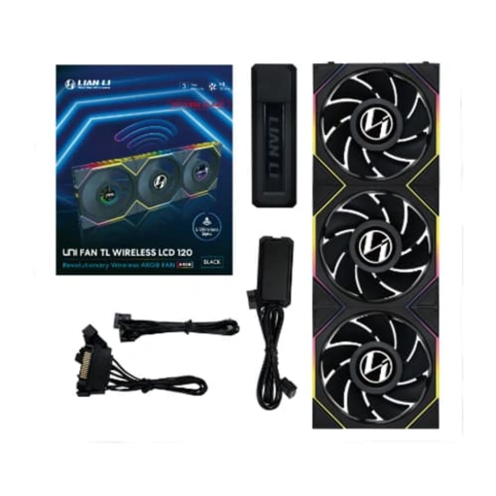 LIAN LI Uni Fan TL120 Revese Blade 120mm LCD Wireless ARGB Cabinet Fan ( Black ) ( Triple Pack )