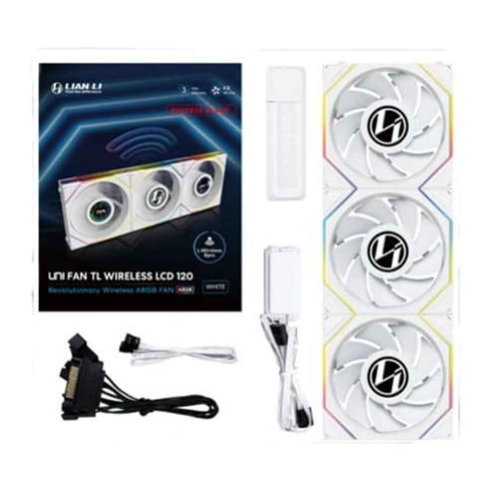 LIAN LI Uni Fan TL120 Revese Blade 120mm LCD Wireless ARGB Cabinet Fan ( White ) ( Triple Pack )